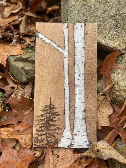 Custom White Birch Trees Hand Wood Burned Art.