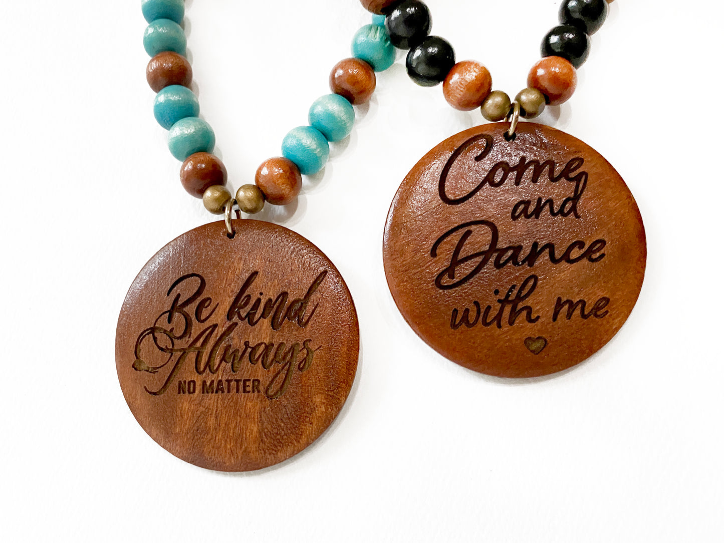 Custom Engraved Bohemian Wood Bead Pendant Necklace