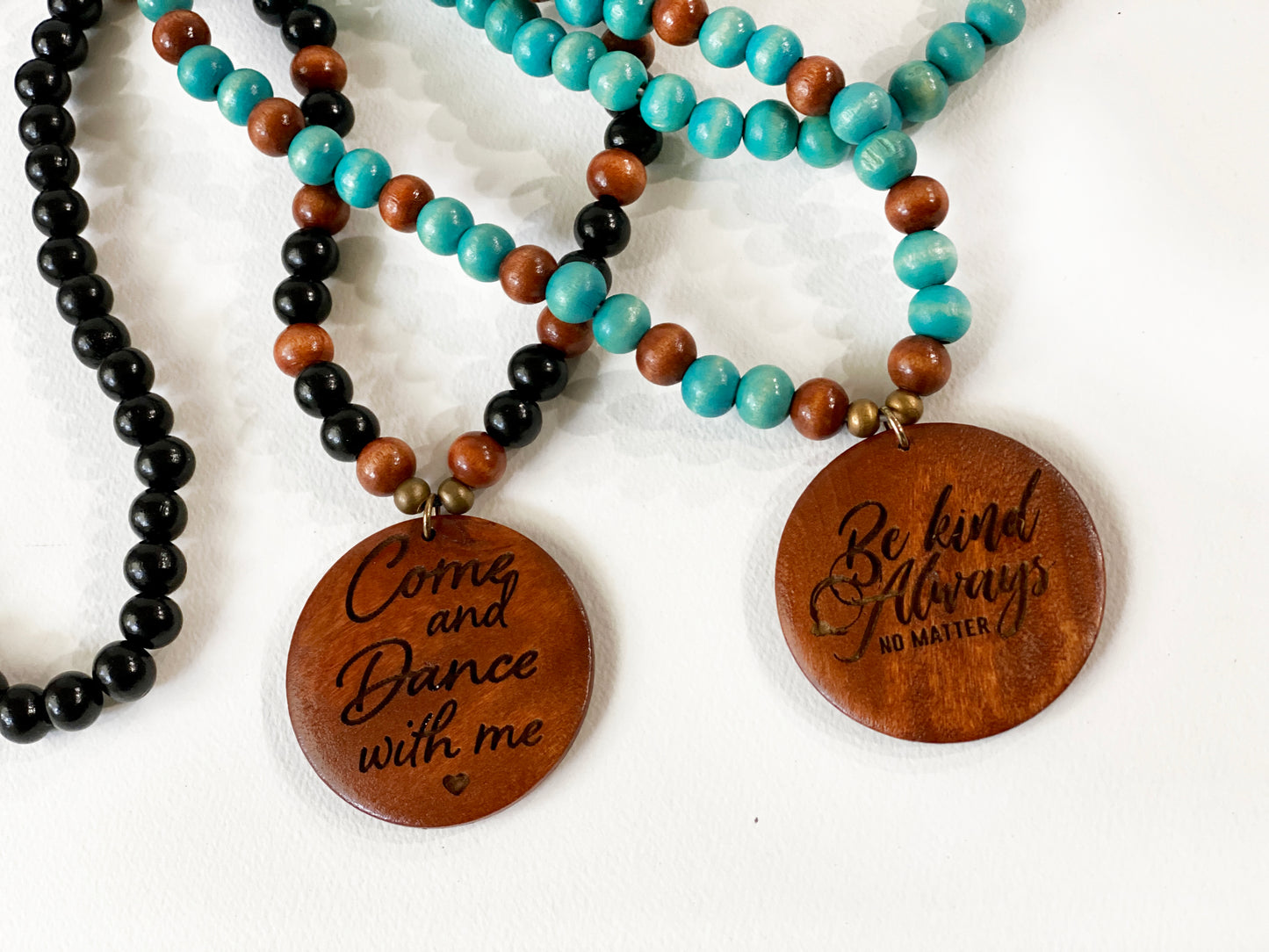 Custom Engraved Bohemian Wood Bead Pendant Necklace