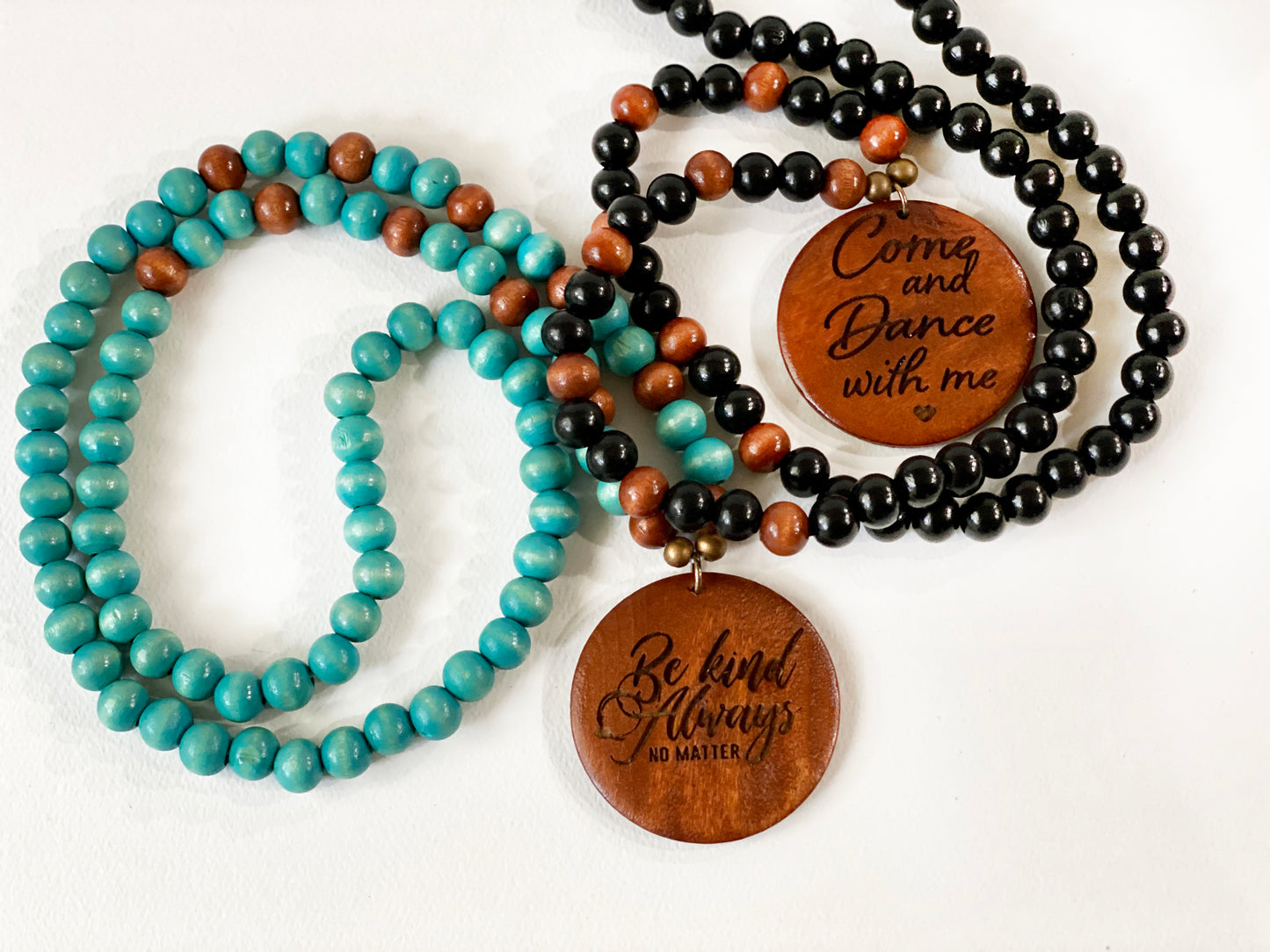 Custom Engraved Bohemian Wood Bead Pendant Necklace