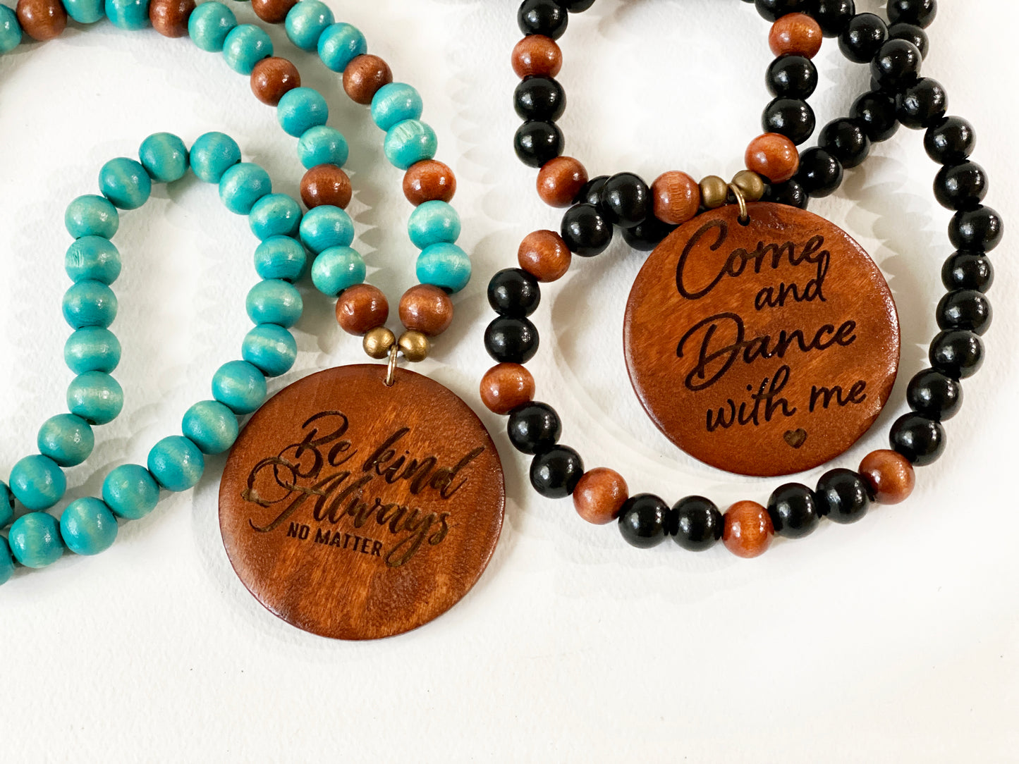 Custom Engraved Bohemian Wood Bead Pendant Necklace